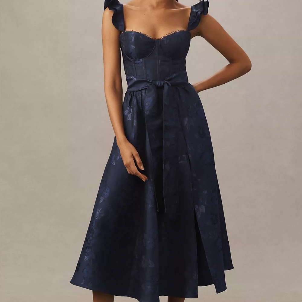 Brand New V. CHAPMAN VERA RUFFLE-STRAP CORSET SIDE-SLIT MIDI DRESS - Navy
